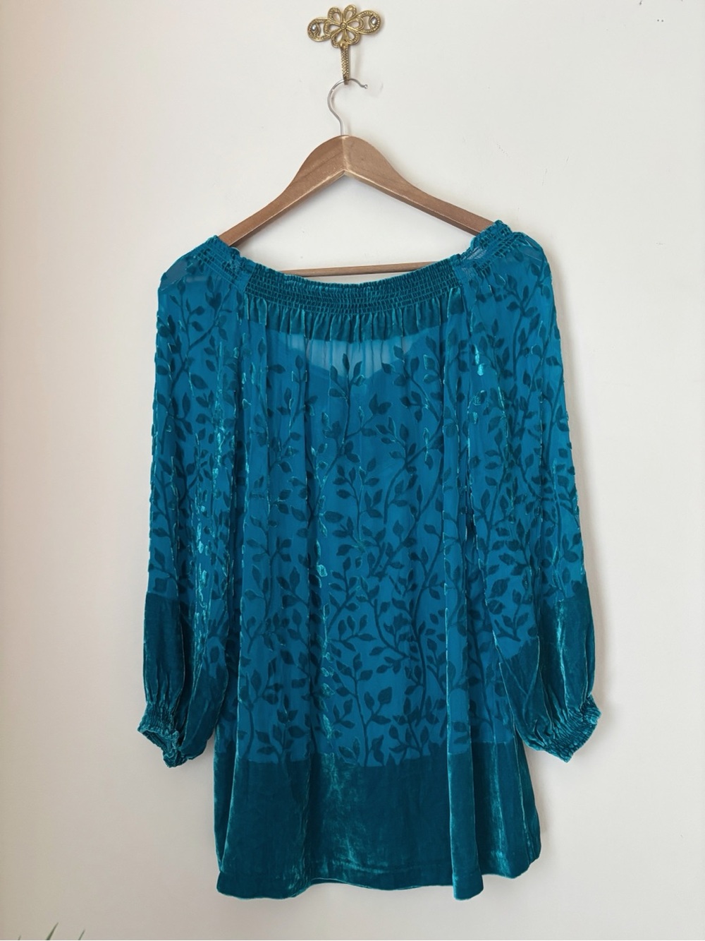 Sundance Teal Velvet Silk Blend Floral Top Large - Picture 3 of 5